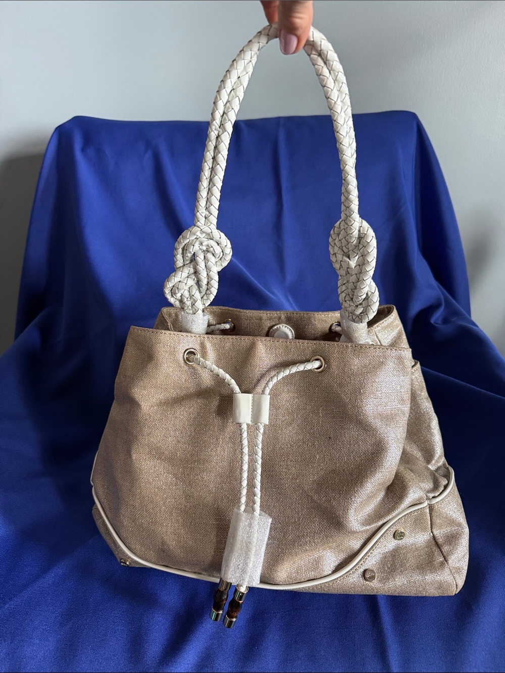 Elaine Turner Shimmery Beige Drawstring Shoulder Bag with Braided Cream Handles
